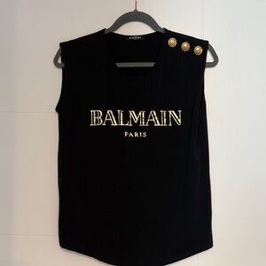 Balmain Black Logo Tank with Gold Button Shoulder